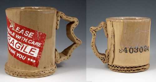 Ceramic Mugs That Imitate Used Cardboard by Artist Tim Kowalczyk